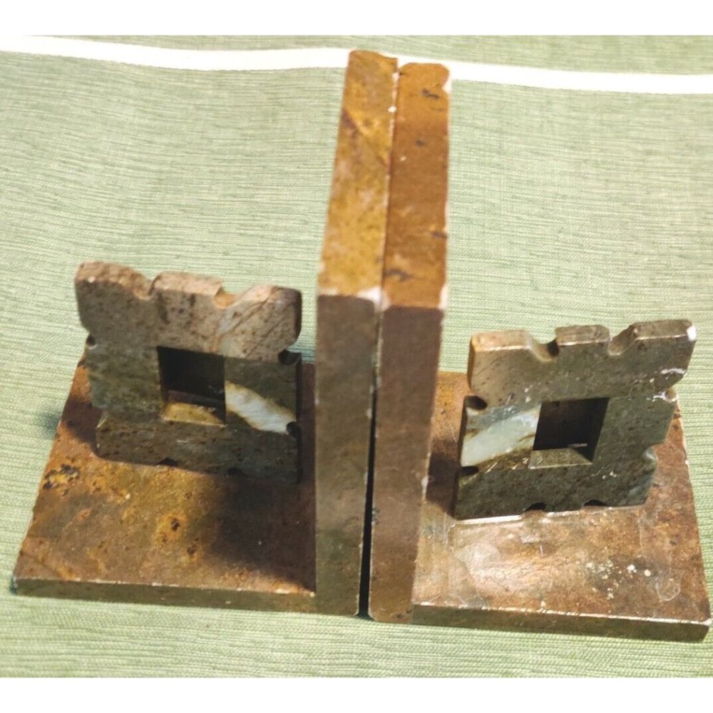 Pair Of Rustic Stone Open Frame Insert Slot Archaic Look Bookends Geometric RARE